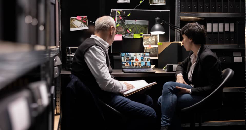Two people sit at a cluttered desk in a dark office, looking at a laptop displaying a video call. Shelves with files and bulletin boards are in the background.